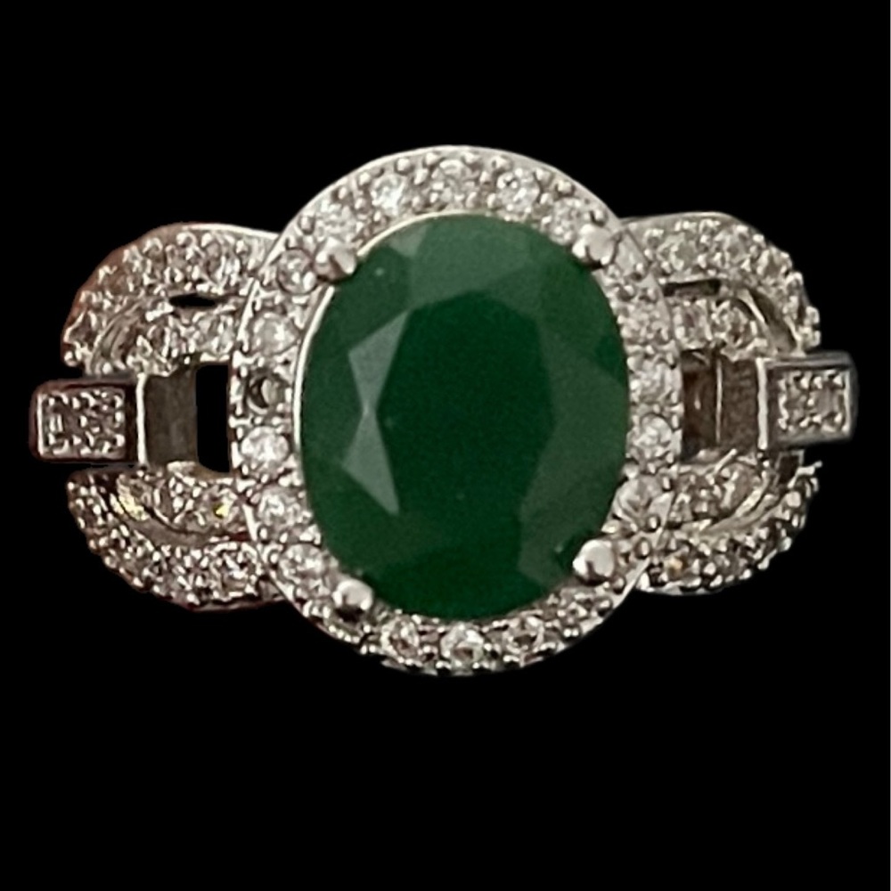 Elegant 4ct. Genuine Mined Emerald & White Topaz 925 Sterling Silver Ring 7.5